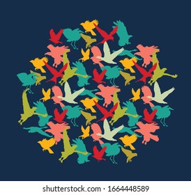 Bright birds color silhouettes round in squear on dark blue