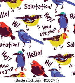 Bright birds greetings seamless pattern wallpaper. Color vector illustration. EPS8