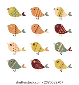 Bright birds set. Cute abstract bird. Perfect for t-shirt, card, poster childish design. Vector illustration