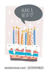 Bright birthday cake with colorful candles and dripping icing, with a Make a Wish speech bubble on a pastel background. Celebration and joy concept. Vector illustration