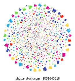 Bright Birthday Cake festival sphere. Vector sphere salute combined by randomized birthday cake symbols. Multi Colored Vector abstraction.