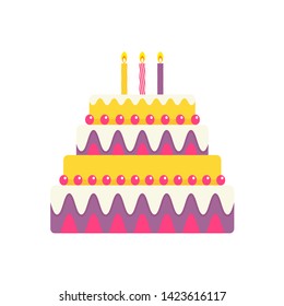Bright birthday cake. Fruit and chocolate sweet pastries. For cards with wishes and greetings. Celebrating the anniversary of the birthday. Flat vector icon.