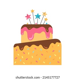 Bright birthday cake vector isolated illustration. Happy birthday child party celebration