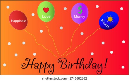 Bright birthday card with colorful balloons and wishes on them. Vector illustration.