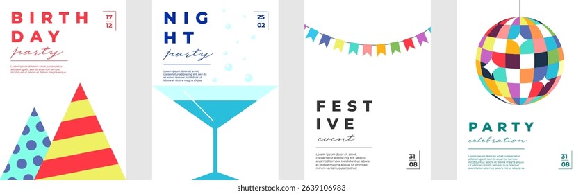 Bright birthday card and poster set with colorful garlands, cocktails and festive typography. Ideal for party invitations, celebration flyers or cheerful holiday greeting templates.