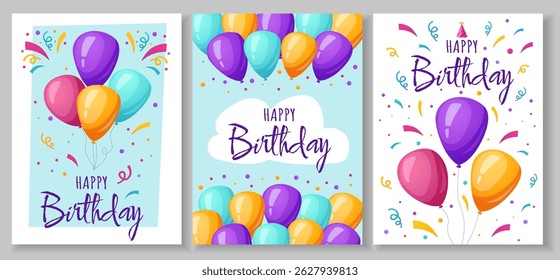 Bright birthday card set with colorful balloons, confetti, and “Happy Birthday” lettering. Vector template for greetings, invitations, celebration posters or printable designs.