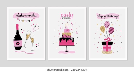 Bright birthday cards collection in retro style with confetti, balloons, cake, champagne and gift. Happy birthday cute inscriptions for greeting cards, invitations, print. Vector illustration.