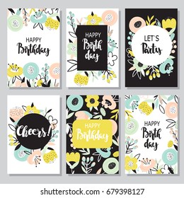 Bright birthday cards design set with yellow, pink and turquoise abstract flowers and hand-written text. Collection of beautiful greeting cards in the Doodle style.
