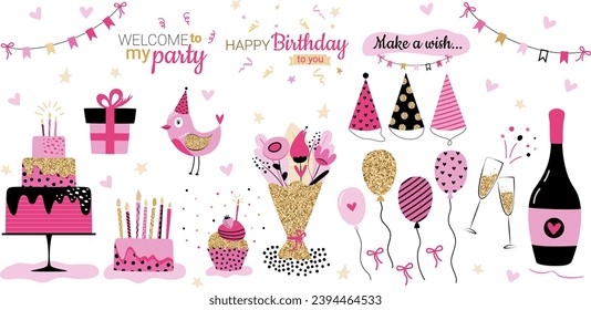Bright birthday decorations big set. Collection of holiday decorations in simple flat cartoon style. Vector illustration.