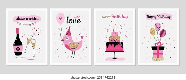 Bright birthday decorations big set. Birthday cards collection in retro style. Cards with cake, balloons, bird, champagne.