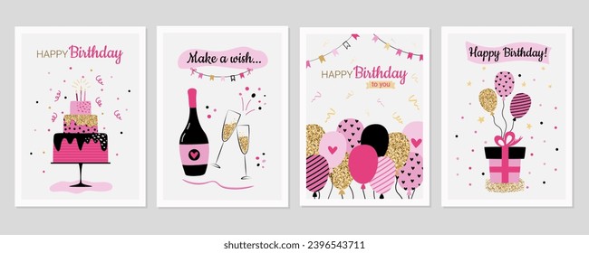 Bright birthday decorations big set. Happy Birthday cute cards collection in simple style. Cards with cake, balloons, gift, champagne. svg