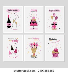 Bright birthday decorations big set. Collection of holiday cards in simple flat cartoon style. Vector illustration.