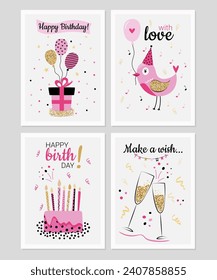 Bright birthday decorations big set. Collection of holiday cards in simple flat cartoon style. Vector illustration.