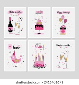Bright birthday decorations big set. Collection of holiday cards in simple flat cartoon style. Pink, gold, black, beige color.
