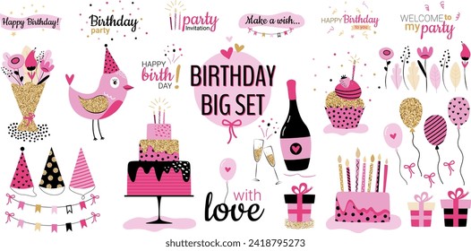 Bright birthday decorations big set. Collection of holiday decorations in simple flat cartoon style. Vector illustration.