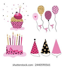 Bright birthday decorations big set. Collection of holiday decorations in simple flat cartoon style. Vector illustration.
