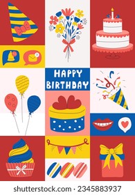 Bright Birthday greeting card. Colorful poster with symbols of holiday, celebration, anniversary. Decoration for festive event with cake, balloons, poppers, bouquet. Flat cartoon vector illustration