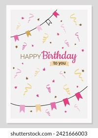 Bright birthday greeting card in flat cartoon style. Cute vector illustration with congratulations.