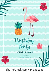 Bright Birthday invitation in Hawaiian style with flamingo and pineapple