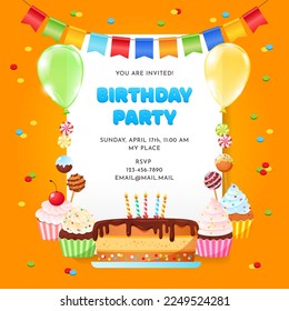 Bright birthday invitation template. Colorful background of sweets and decorations with blank space for text. Vector 10 EPS.