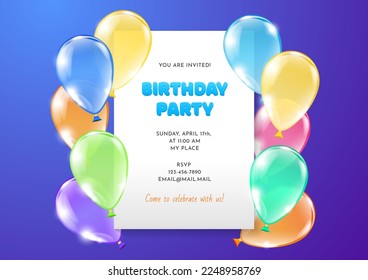 Bright birthday invitation template. Frame of colorful ballons on a blue background with a white blank space. Vector 10 EPS.