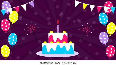 Bright Birthday party banner with garland with flags, cake and balloons