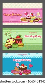 Bright birthday party horizontal invitation postcards with colorful desserts pastry sweet and baking products vector illustration