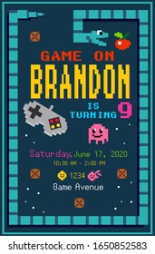 Bright birthday party invitation in pixel art vector illustration. Game for happy celebration flat style. Snake following apple. Fun event and entertainment concept