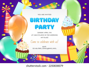 Bright Birthday party invitation template. Colorful background of cartoon objects: gift boxes, balloons, cupcakes, firecrackers, party hats with white blank space on a blue background. Vector 10 EPS.