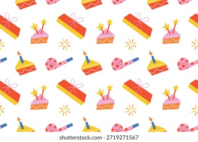 Helles Geburtstagspartymuster im süßen Doodle-Stil. Kuchenscheiben mit Kerzen, Geschenken, Partygebläsen und Konfetti sorgen für eine spielerische Kinderstimmung bei Kinderdesign, Papier, Karten und festlicher Dekoration