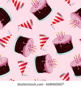 Bright birthday pattern. Cake, candles, cap, cone. Vector