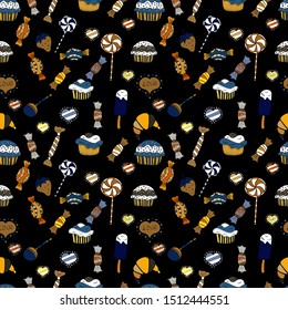 Bright birthday pattern on black, white and blue. For food poster design. Vector illustration. Seamless pattern cake.