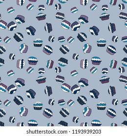 Bright birthday pattern on blue, white and black. For food poster design. Seamless pattern cake. Vector illustration.
