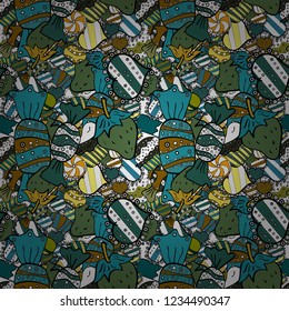 Bright birthday pattern on blue, white and black. Vector. Watercolor seamless pattern with cupcakes. Wrapping paper.