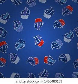Bright birthday pattern on blue, white and neutral. For food poster design. Vector illustration. Seamless pattern cake.