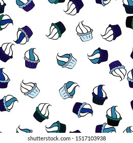 Bright birthday pattern on blue, black and white. Vector. Wrapping paper. Watercolor seamless pattern with cupcakes.