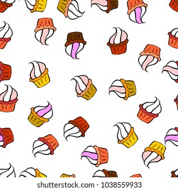 Bright birthday pattern on white, orange and black. Seamless pattern cake. Vector illustration. For food poster design.