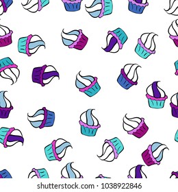 Bright birthday pattern on white, blue and black. Seamless pattern cake. Vector illustration. For food poster design.
