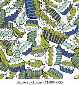 Bright birthday pattern on white, green and black. Wrapping paper. Watercolor seamless pattern with cupcakes. Vector.