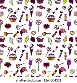 Bright birthday pattern on white, black and purple. Seamless pattern cake. Vector illustration. For food poster design.