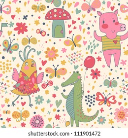 Bright birthday seamless pattern of funny animals. Crocodile, pig and cute bird with butterflies. Seamless pattern can be used for wallpaper, pattern fills, web page background, postcards.