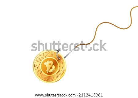 Bright bitcoin coin on glossy silver metal fishing hook on a rope isolated on white