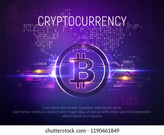 Bright bitcoin mining technology vector background. Crypto currency on world map dark abstract backgrounds. Financial growth concept