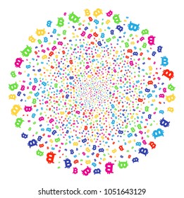 Bright Bitcoin sparked sphere. Vector round cluster explosion organized with scattered bitcoin items. Bright Vector illustration.
