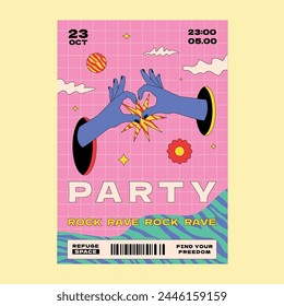 A bright bizzare poster in groovy aesthetics for the party. A design template with outlined hands folded in a heart gesture.