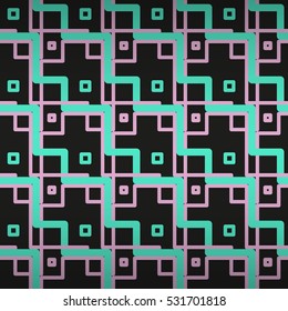 Bright black decorative seamless pattern background in labyrinth style. Shining, symmetric design for banner, surface, web or other purpose. Complex mosaic repeatable backdrop.