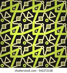 Bright black geometrical seamless pattern in primitive style. Smooth tessellated repeatable backdrop. Colored, graphical design for ads, curtain, wallpaper or other purpose. Actual texture.