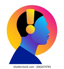 Bright black man listening to music in headphones. Concept of podcast, audio chat, radio, meditation. Colored male silhouette, side view. Icon, logo, avatar, symbol. Contemporary vector illustration.