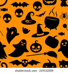 Bright black and orange seamless pattern of cute kawaii silhouettes for Halloween: pumpkin, Ghost, cat, pot, hat, broom, candy, bat, spider, skull