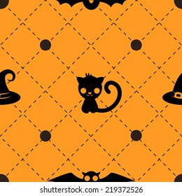 Bright black and orange seamless pattern with cute cartoon kittens, witch hats, bats and diamonds for Halloween